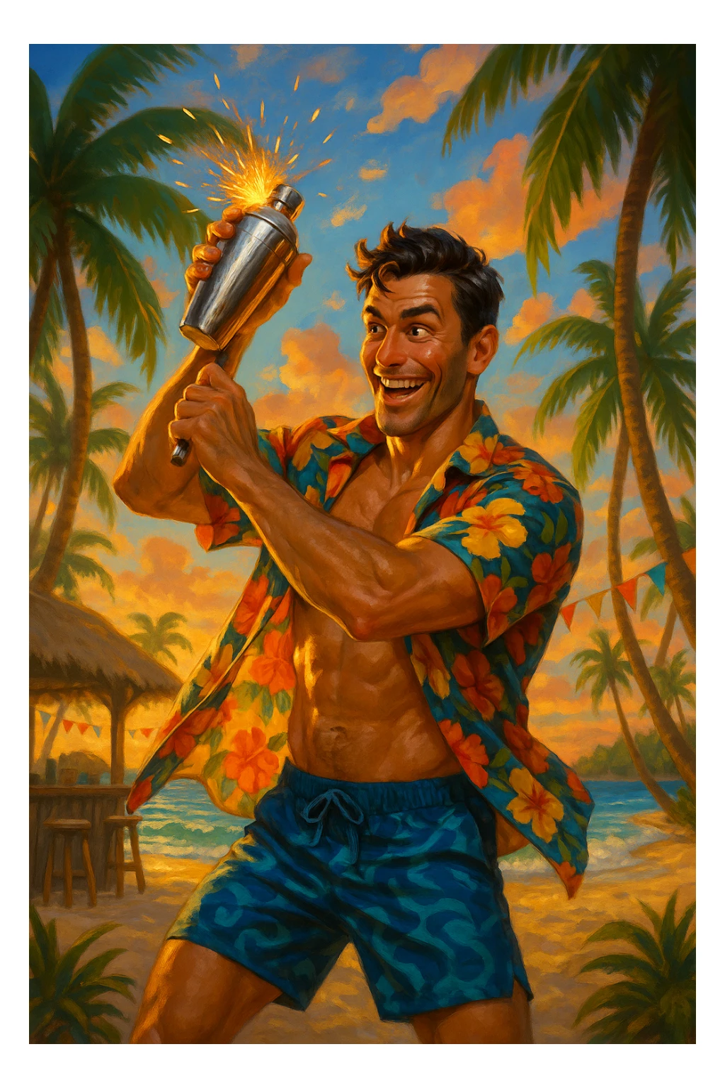 human male Unbuttoned Hawaiian shirt, swim trunks, shaking a cocktail shaker (sparks flying) sticker