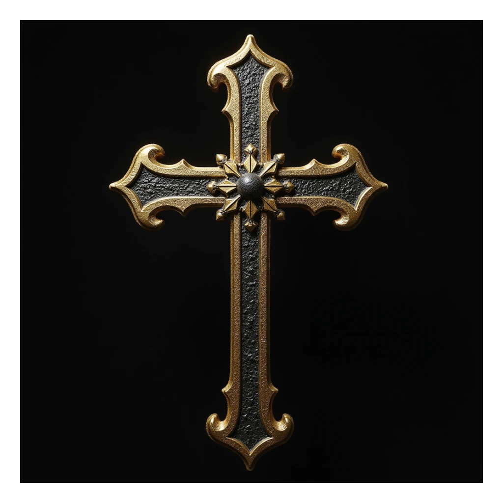 realistic gothic cross, gold and black, photorealistic style, no background sticker