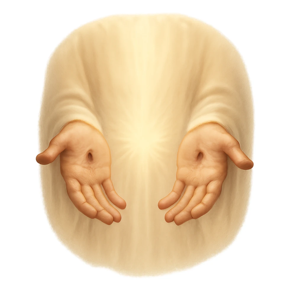 Resurrected Jesus' hands, gentle scars in the center, symbolizing hope and forgiveness, serene and holy, spiritual atmosphere sticker