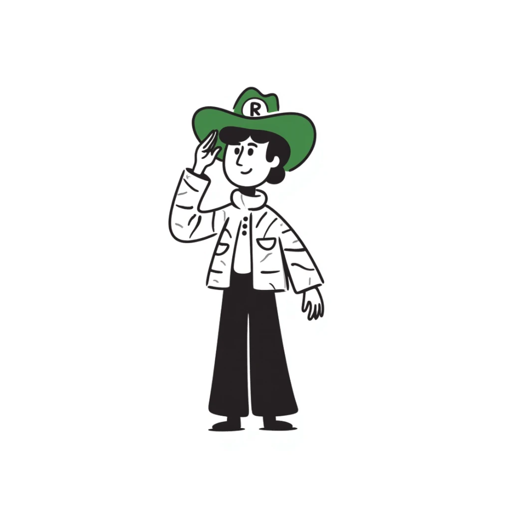 Cowboy wearing green hat with letter R on it sticker
