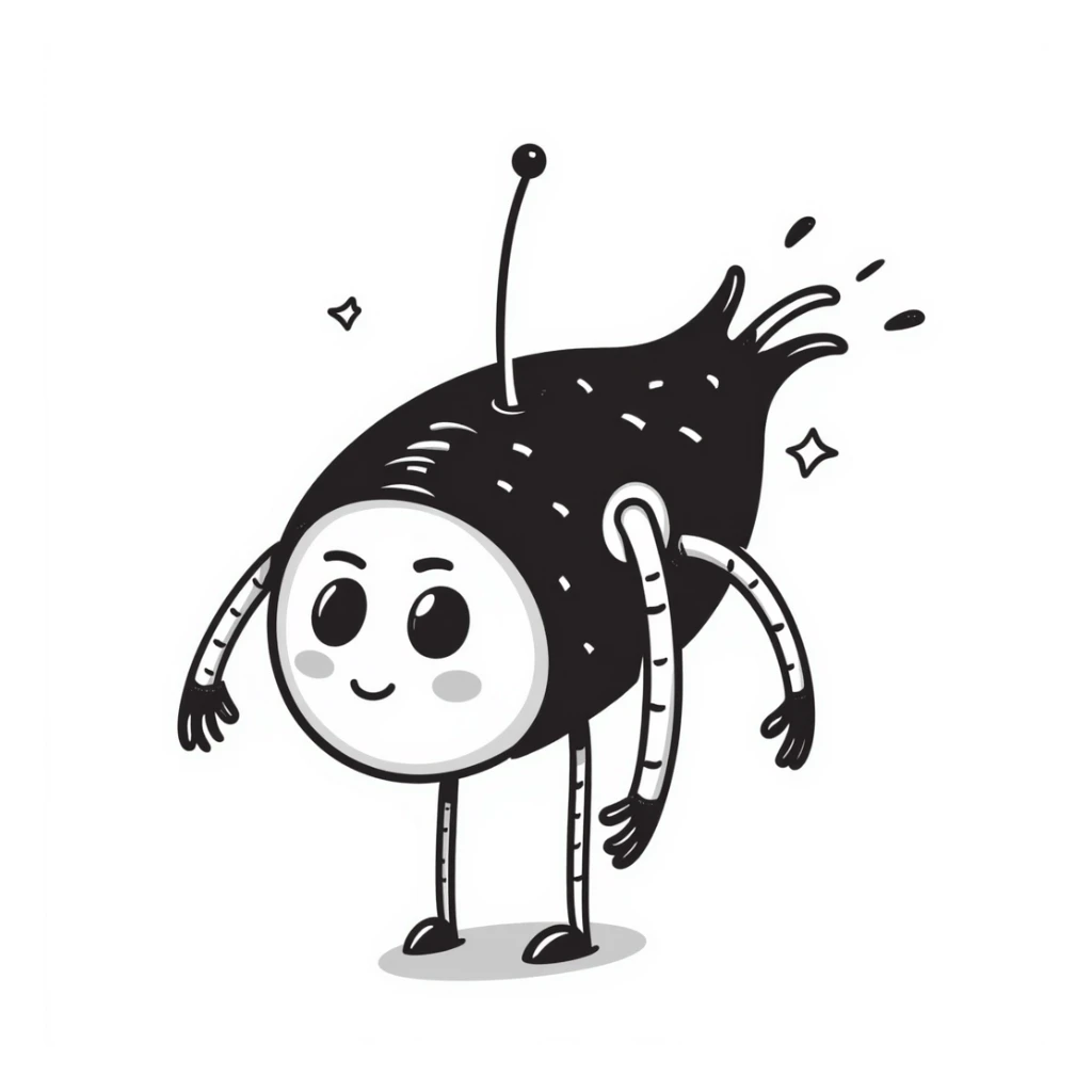 a robot shaped like a sushi roll, with LED eyes, tentacle sticks and soy sauce dripping like wires sticker