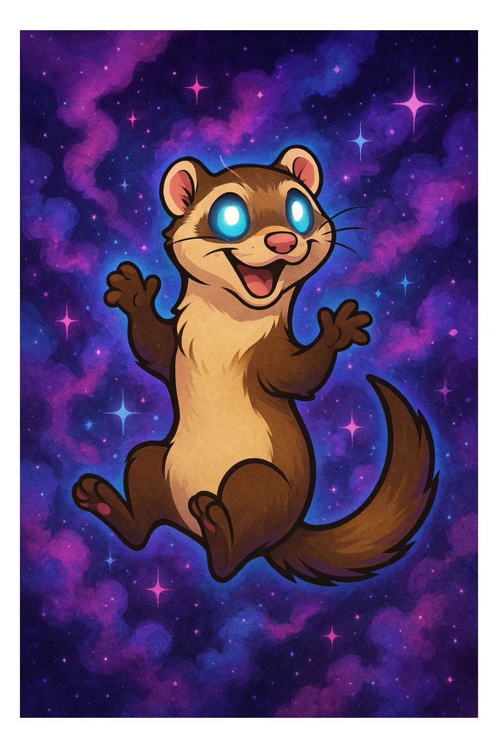 void ferret, cartoon style, playful pose, surrounded by purple and blue nebula clouds, sparkles, glowing eyes sticker