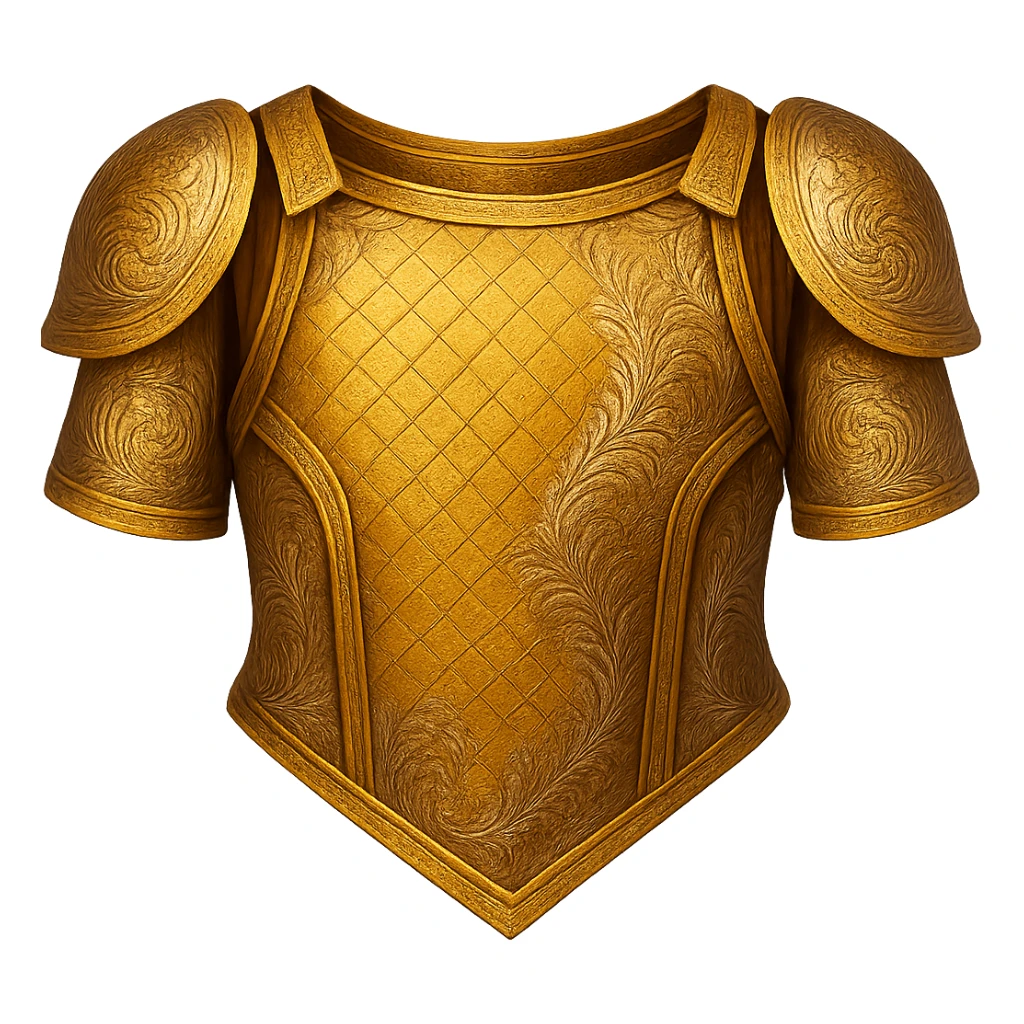Recolor this armor to a plated gold color with ornate engravings inlaid with silver. The gold should be rich and metallic, and the engravings should have a bright, reflective silver finish. Keep the exact shape and proportions of the original armor. Transparent background. The original style is armor illustration. sticker