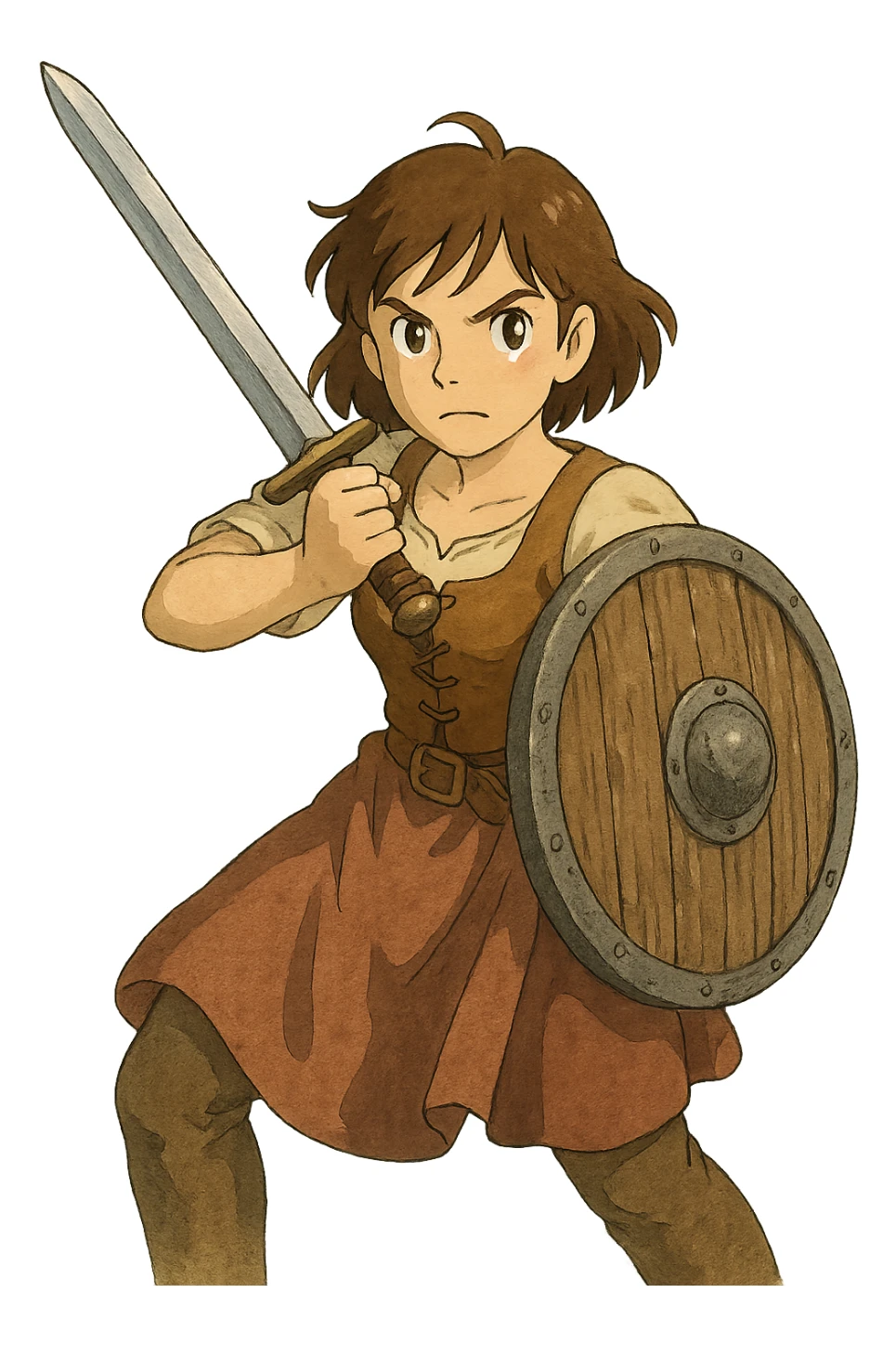 a warrior maiden with a sword and shield, common tavern clothing, eye gleam, defense stance, repose sticker