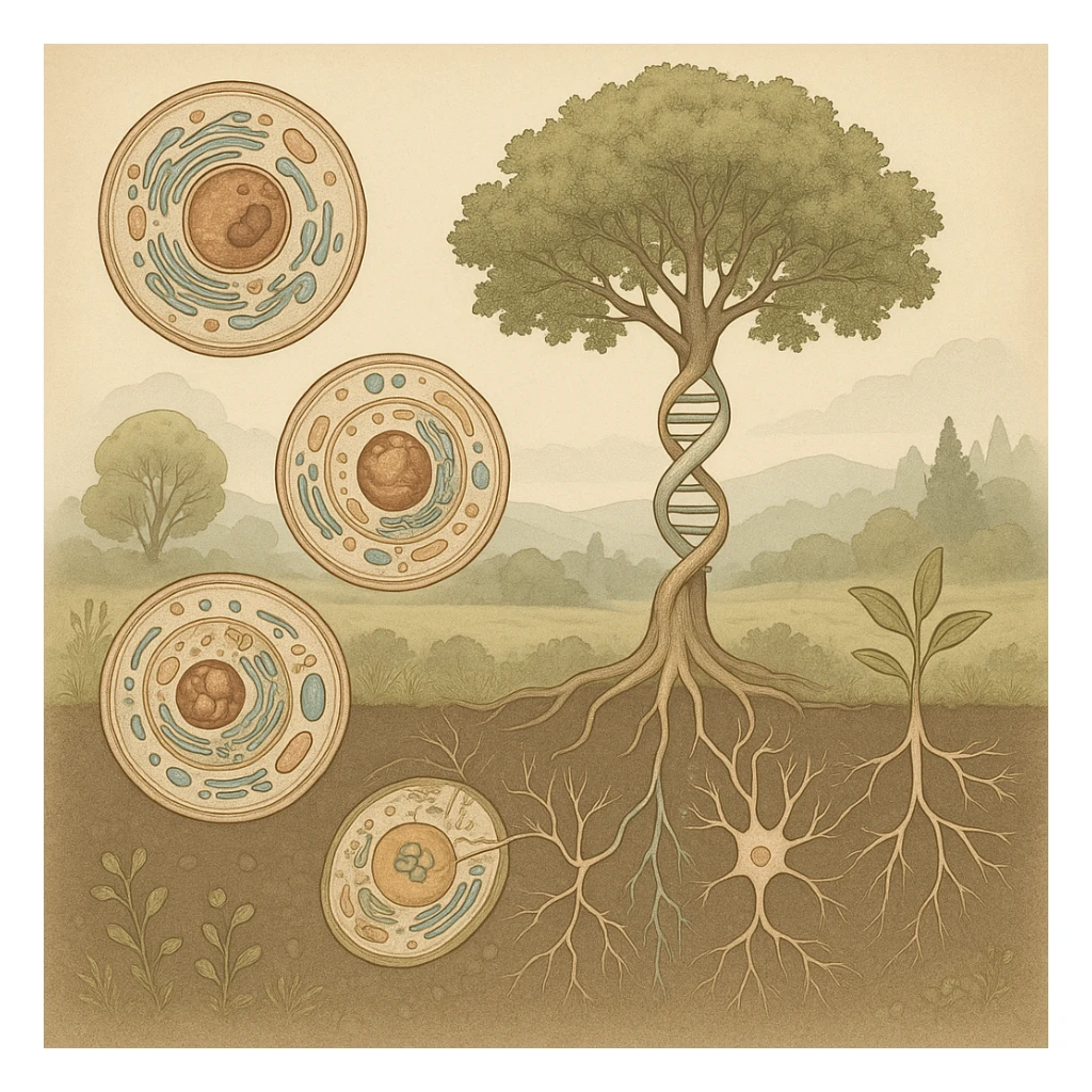 A realistic biological illustration showing: DNA strands transitioning into a tree, cells with visible organelles, neurons connected to plant roots  and a balanced ecosystem background . Seamless integration, no labels or borders. Scientific color scheme, detailed but minimalist. sticker