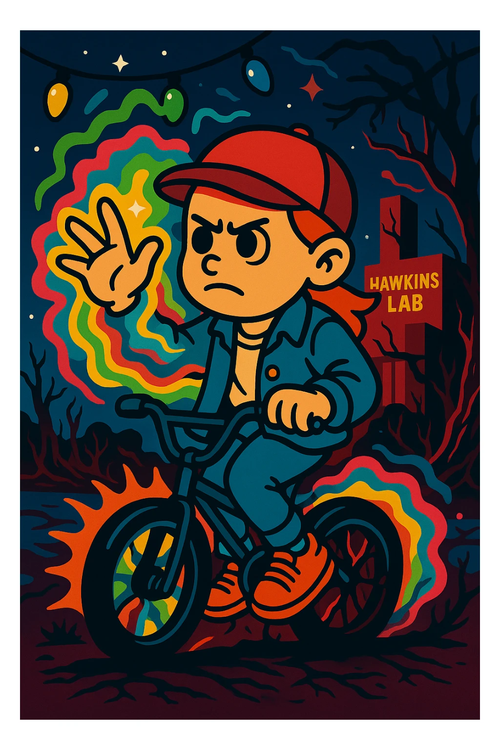 Stranger Things character in vibrant toon style, full color. Character with bicycle, Eleven's powers, dynamic pose, Upside Down background, colorful and lively, variation 4. sticker