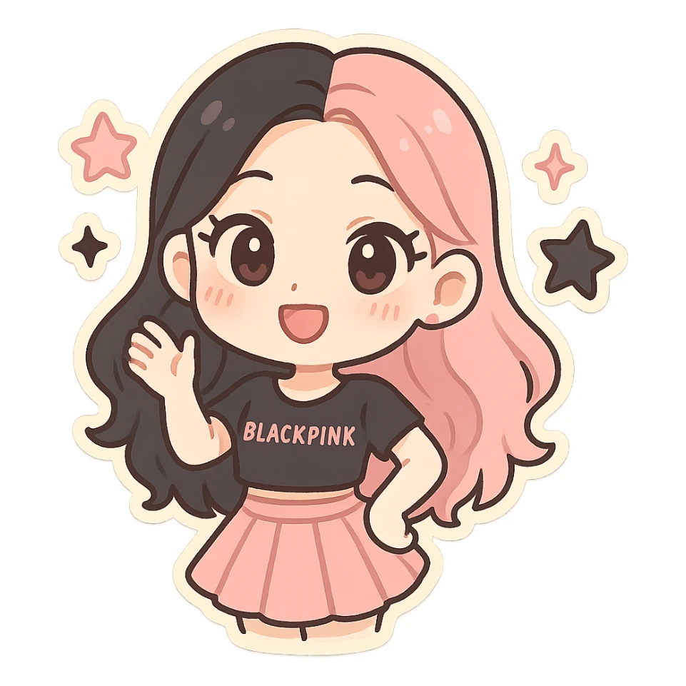 BLACKPINK-inspired chibi sticker, black and pink star, cute and expressive sticker