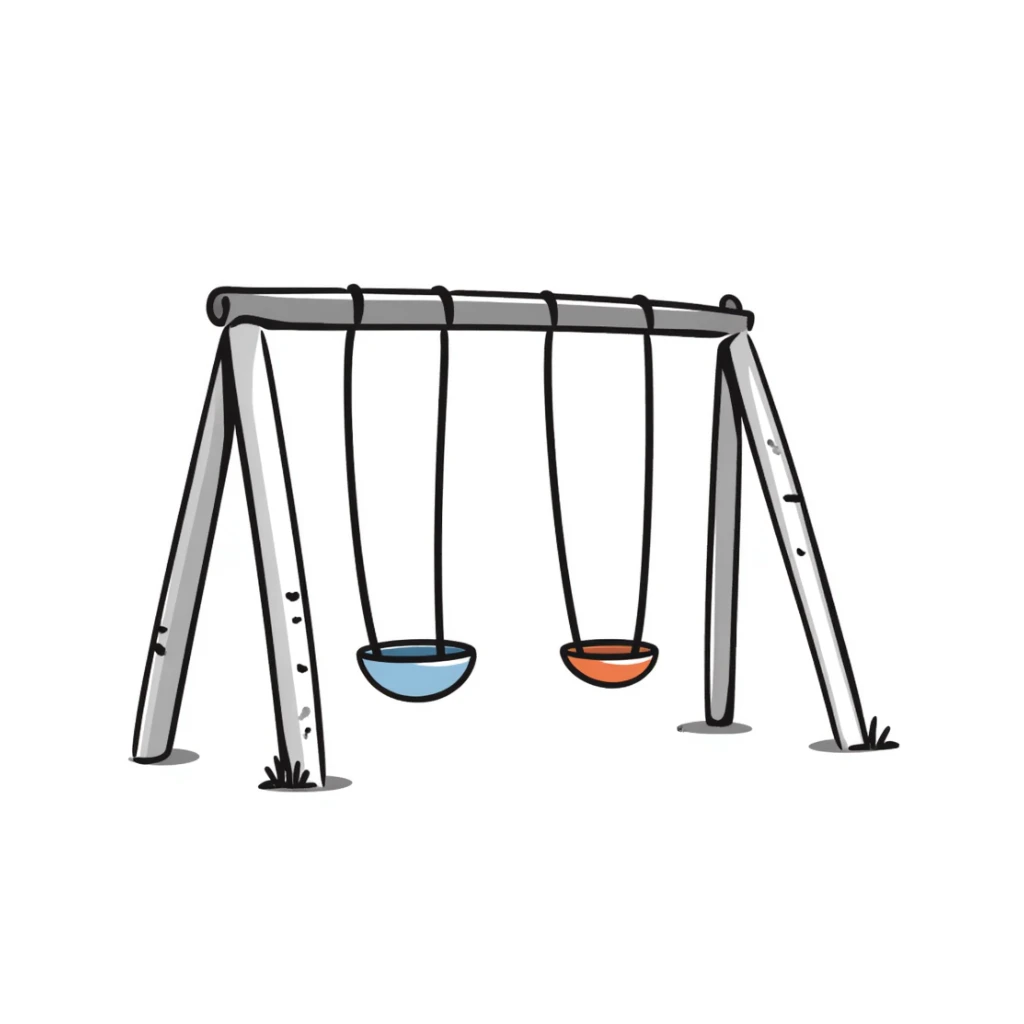 Children's playground swing set with seats in pastel colors (dd9fb0, ffc6d3, a3bfc9, c4bee2, f1b091), hand-drawn doodle style sticker