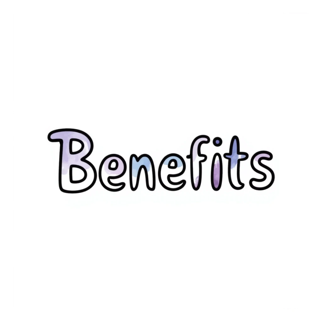 The word "Benefits" hand-drawn in white text with a few purple and blue color accents. Simple doodle style with clean design. sticker