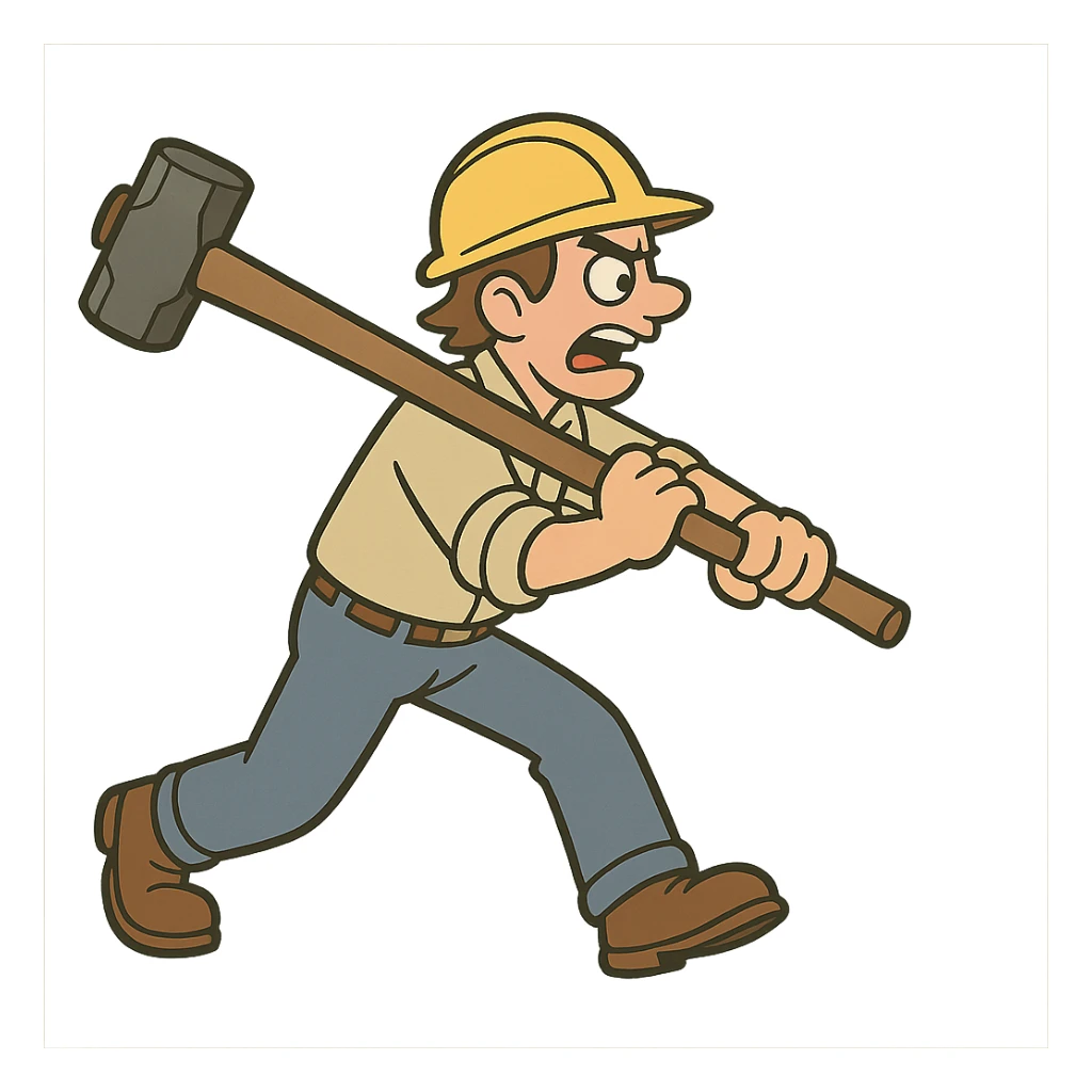 a person in work clothes swinging a heavy sledgehammer, side view, cartoon style, dynamic action pose sticker