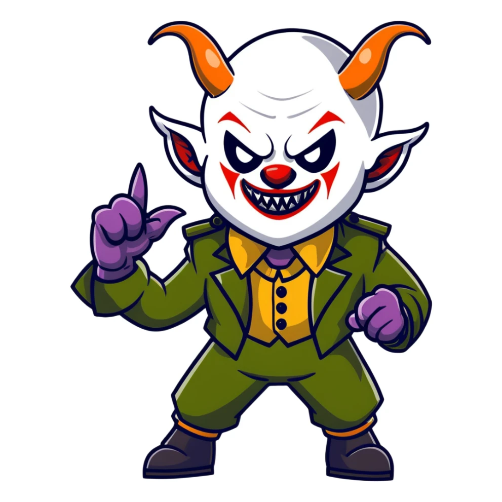 evil clown warrior, bald, short goat-like horns on forehead, fangs, pointed ears, black and military green leisure suit, battle-ready fighting posture sticker