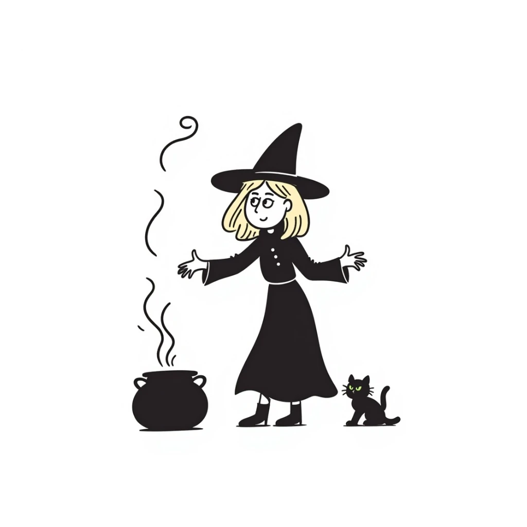 A detailed illustration of a blonde witch with a black cat, casting a spell sticker
