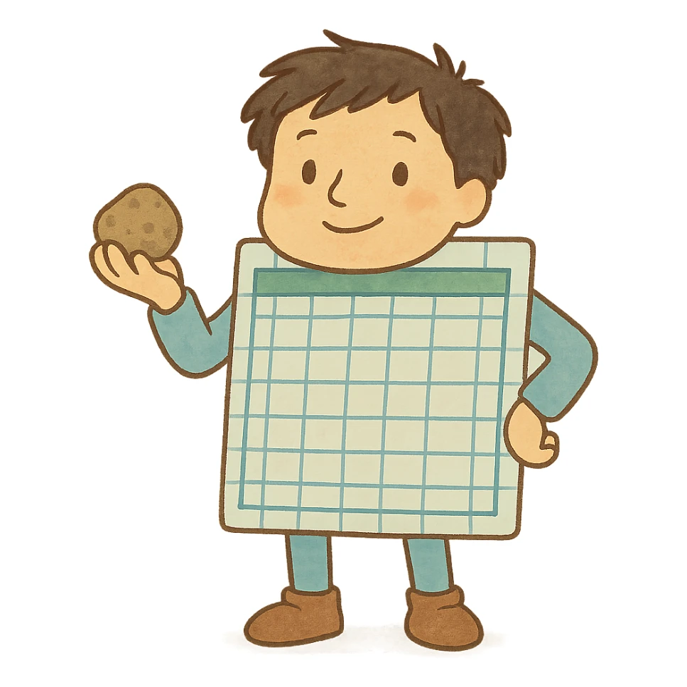 ghibli style spreadsheet character with rock on hand pose, whimsical sticker