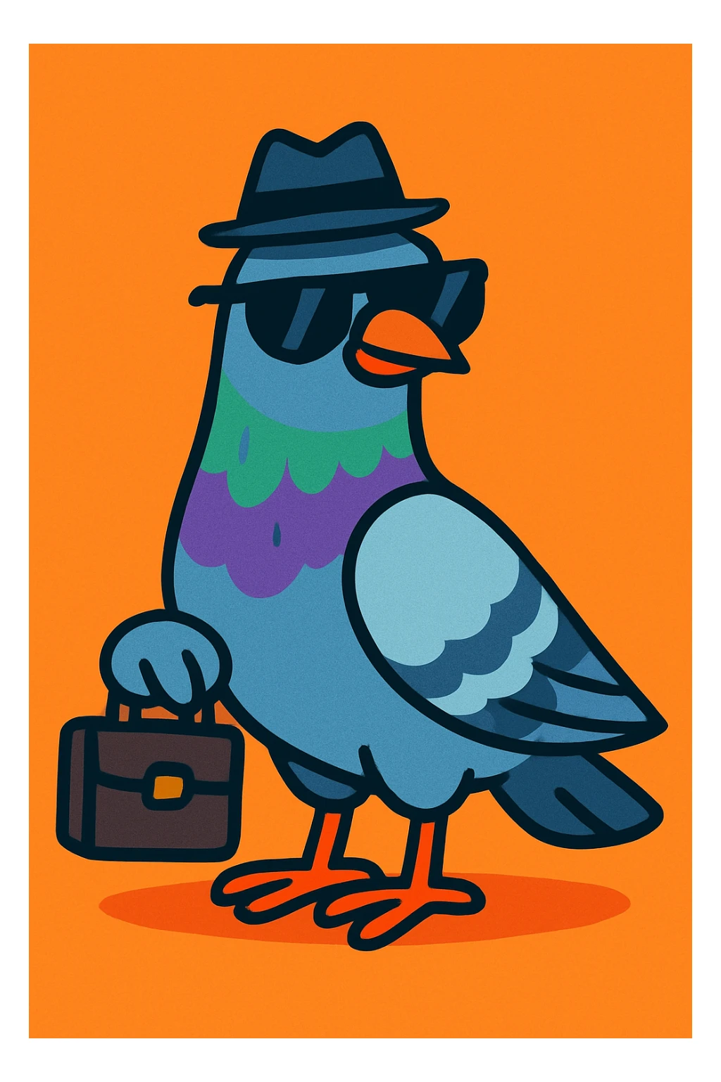 a clever pigeon wearing a tiny spy hat and sunglasses, holding a miniature briefcase, playful style, vibrant toon style sticker