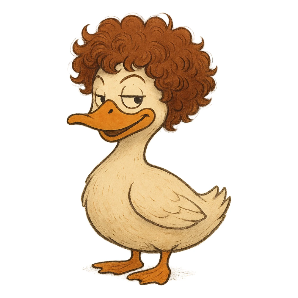 ghibli style duck with Jeff Ross's curly hair, looking witty sticker