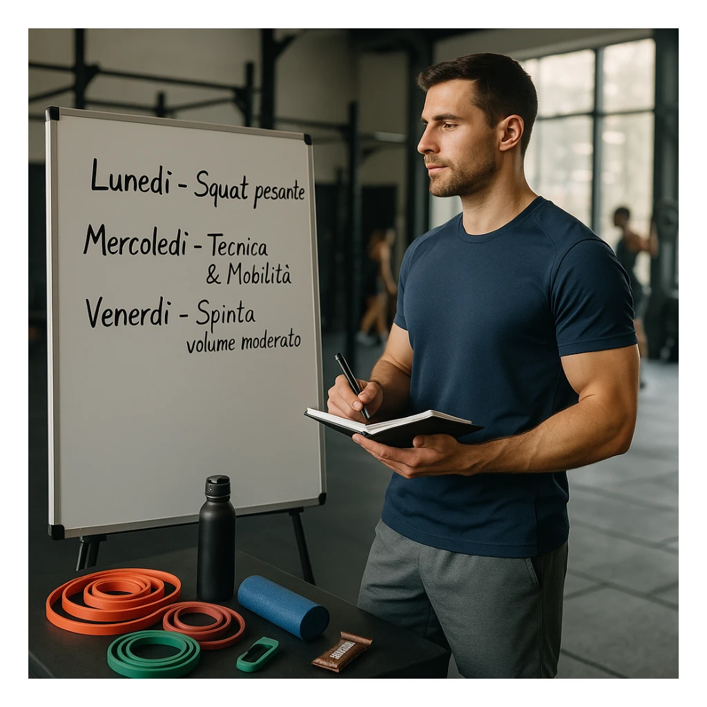 Athletic 30-year-old man in a modern gym, near a whiteboard with a weekly plan in Italian: 'Lunedì – Squat pesante', 'Mercoledì – Tecnica & Mobilità', 'Venerdì – Spinta volume moderato'. He observes the plan calmly, wearing sportswear, holding a pen and notebook. Around him: resistance bands, mobility tools, water bottle, protein bar. Strong and relaxed posture. Other athletes in the background. Natural light, fitness-lifestyle style, slightly cinematic. sticker