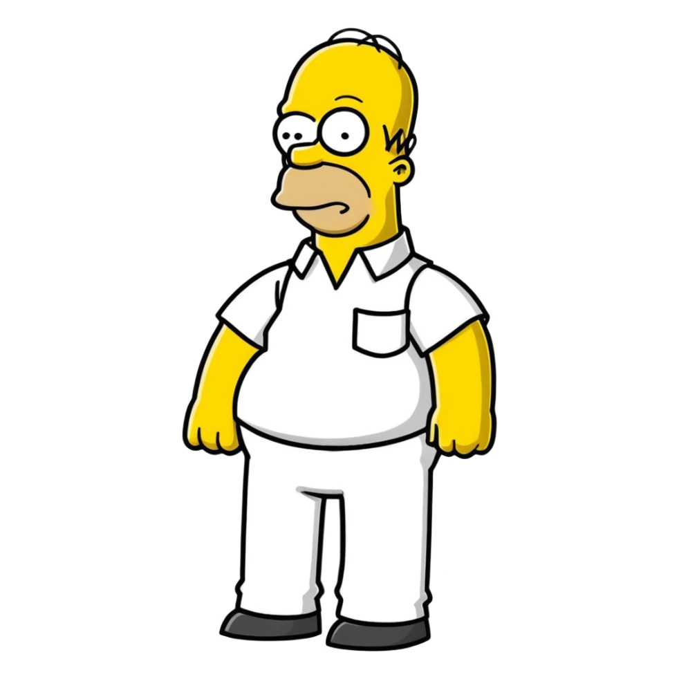Homer Simpson cartoon sticker style, exaggerated features, yellow skin, bald, white shirt sticker