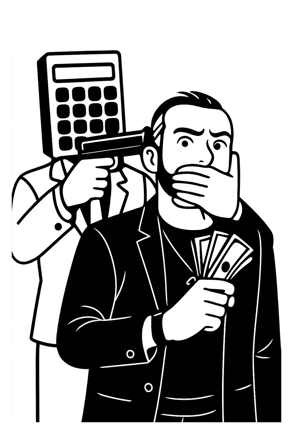 Используя такую стилистику и точно такого же героя, сгенерируй картинку. На ней позади героя стоит фуруга, у которой вместо головы калькулятор, она приставила к виску героя пистолет, а другой рукой закрывает рот героя, прозрачный фон sticker