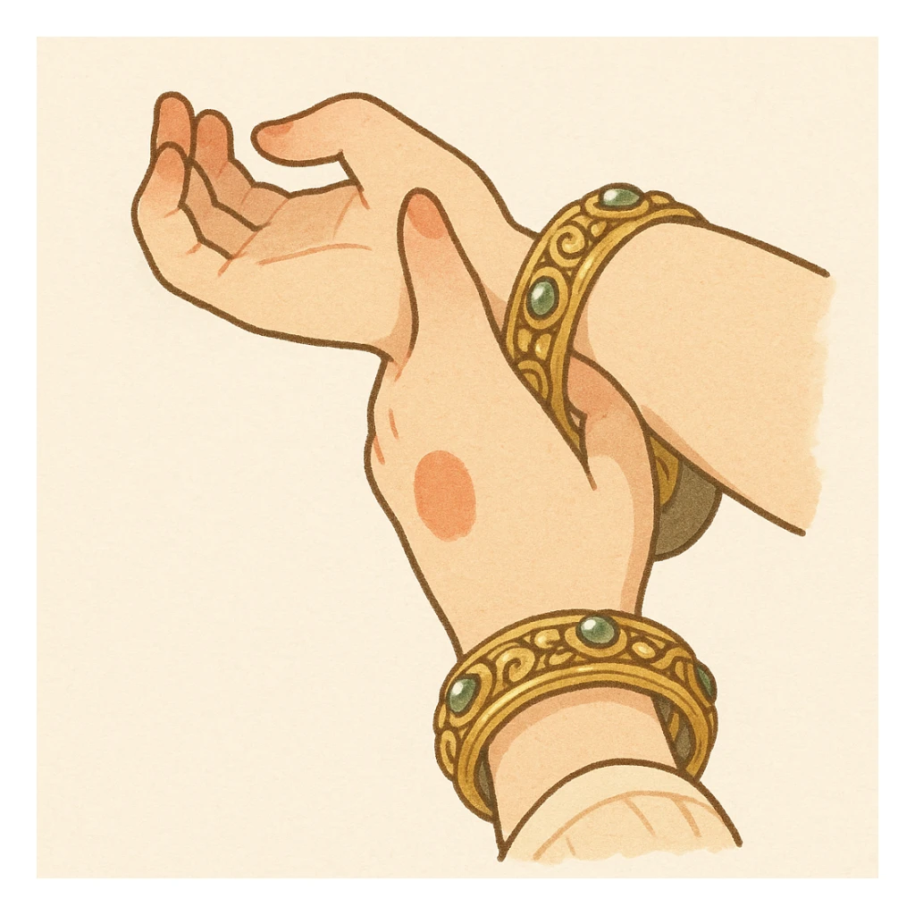Convert this image of hands with ornate bangles into a delicate Ghibli-style emoji, focusing on soft colors and detailed bangles with a gentle, illustrative touch. sticker
