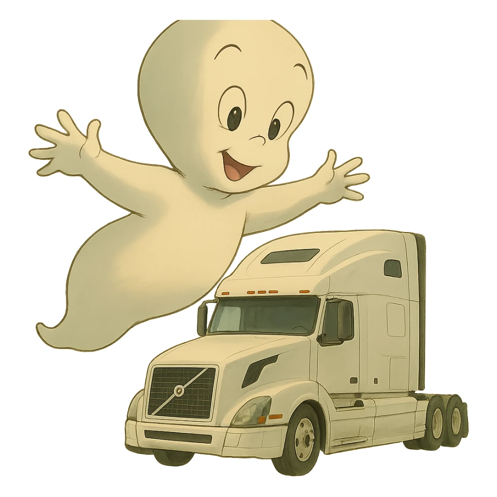 Make Casper the ghost much larger compared to the white semi truck in ghibli style, keep transparent background. sticker