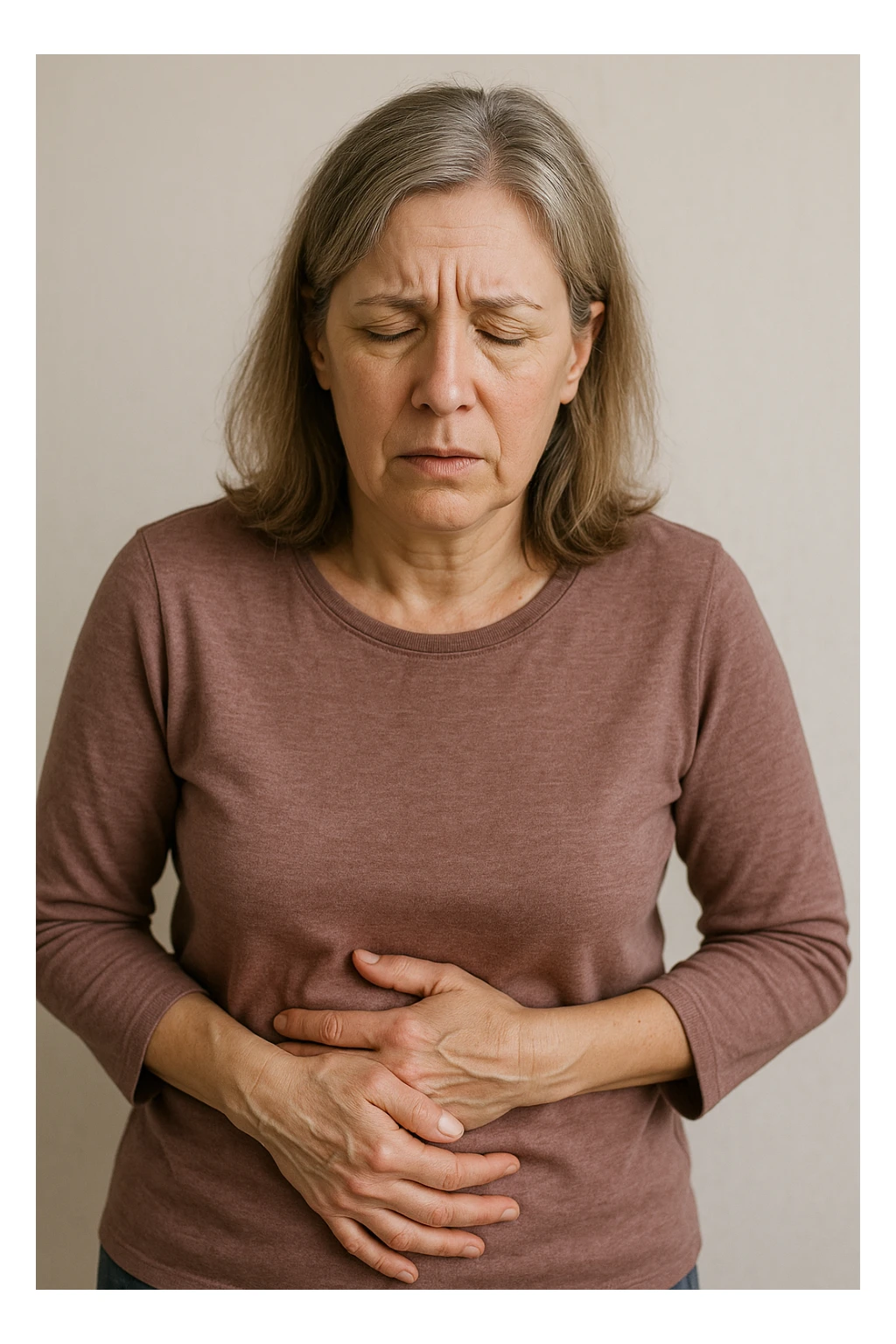 donna in menopausa con la disbiosi intestinale immagine realistica sticker