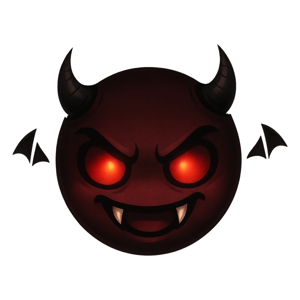 devil emoji in chibi style with gothic palette black and crimson, sharp fangs, glowing eyes, dramatic shadows sticker