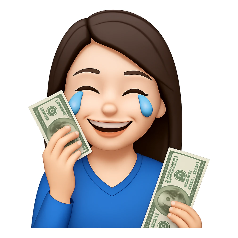 Make the brunette girl smile instead, drying her tears with money bills, holding cash to her face, in emoji style, no background. sticker