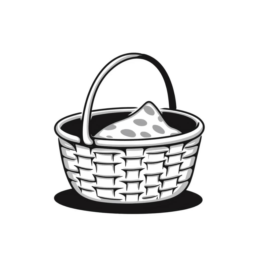 A wicker picnic basket with handle and some picnic items peeking out in pastel colors (dd9fb0, ffc6d3, a3bfc9, c4bee2, f1b091), hand-drawn doodle style sticker