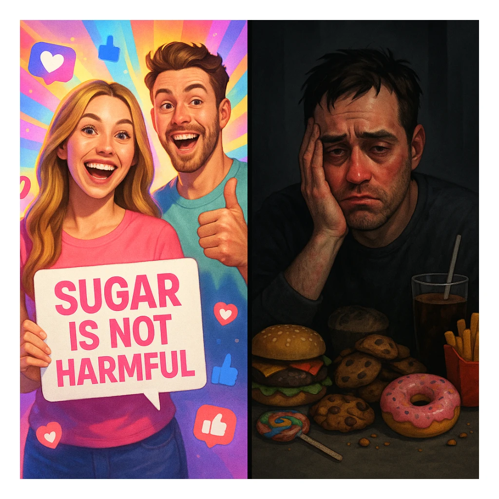 symbolic split scene: left side energetic smiling social influencers saying sugar is not harmful, strong lights and colorful filters; right side person showing signs of inflammation and fatigue, surrounded by sweets and junk food, dark tones and shadows; contrast between appearance and reality; modern style, 4K quality sticker