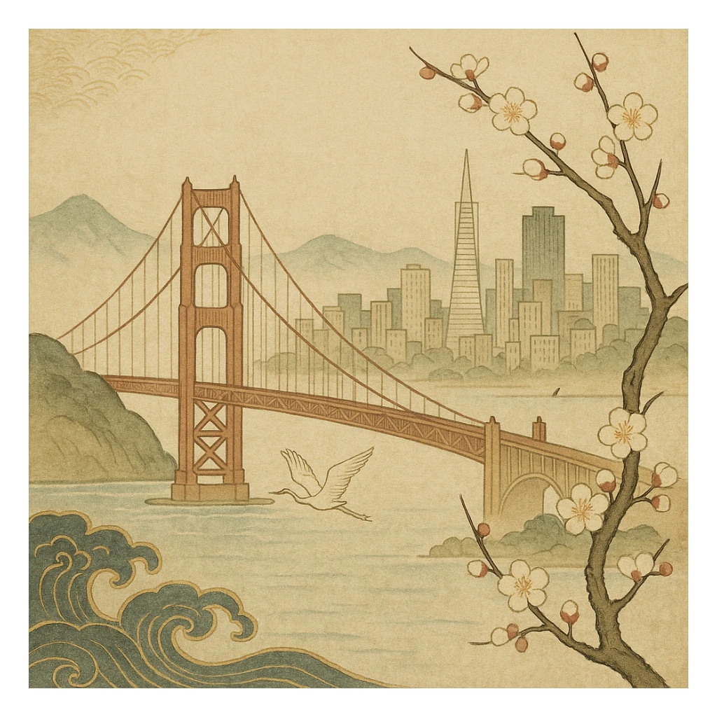 {
  "style_description": {
    "overall_look": "Traditional Japanese painting with a refined and serene aesthetic rooted in classical techniques",
    "material_simulation": {
      "primary_material": "natural pigments on washi or silk",
      "texture_detail": "subtle paper grain, matte finish, soft brushwork",
      "pattern": "occasional use of classical Japanese motifs such as plum blossoms, waves, or cranes"
    },
    "geometry": {
      "edge_style": "fluid and organic linework with gentle outlines",
      "dimensionality": "flat perspective with carefully balanced negative space"
    },
    "color_palette": {
      "scheme": "earthy and muted tones with occasional gold or mineral highlights",
      "preferred_colors": ["indigo", "sumi black", "reddish brown", "soft greens", "off-white"],
      "contrast": "low contrast, harmonious tones"
    },
    "lighting": {
      "type": "diffused, implied through tone rather than shading",
      "purpose": "maintain the contemplative and meditative quality of the piece"
    },
    "render_constraints": {
      "avoid": ["realistic lighting", "high saturation", "modern cartoon outlines", "digital gradients"],
      "focus_on": ["natural harmony", "elegance", "quiet emotional expression"]
    },
    "background": {
      "color": "neutral or light washi-inspired background",
      "style": "plain or softly patterned with traditional elements",
      "lighting_consistency": "flat and even, no cast shadows or dramatic highlights"
    }
  }
}

{subject} = san francisco sticker
