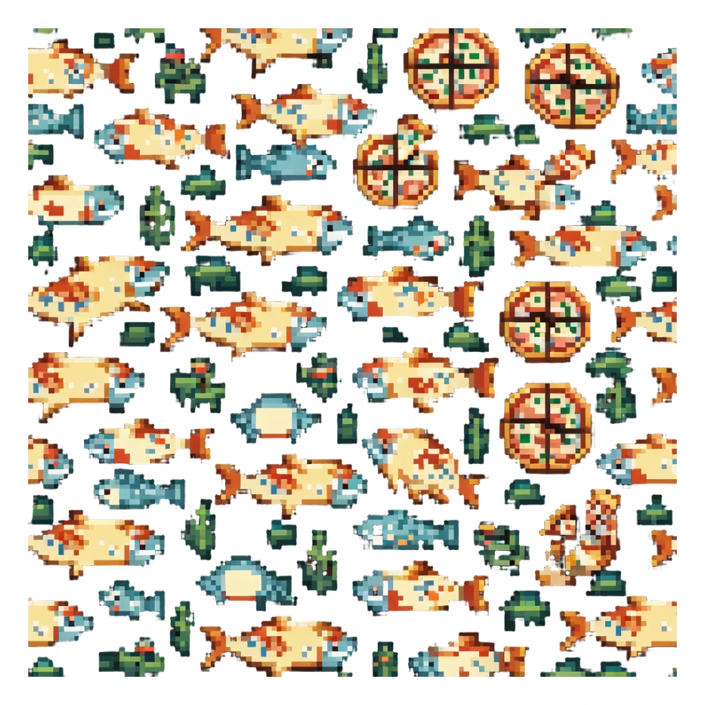 Fish pizza with fish toppings on a pizza crust, 8-bit style sticker