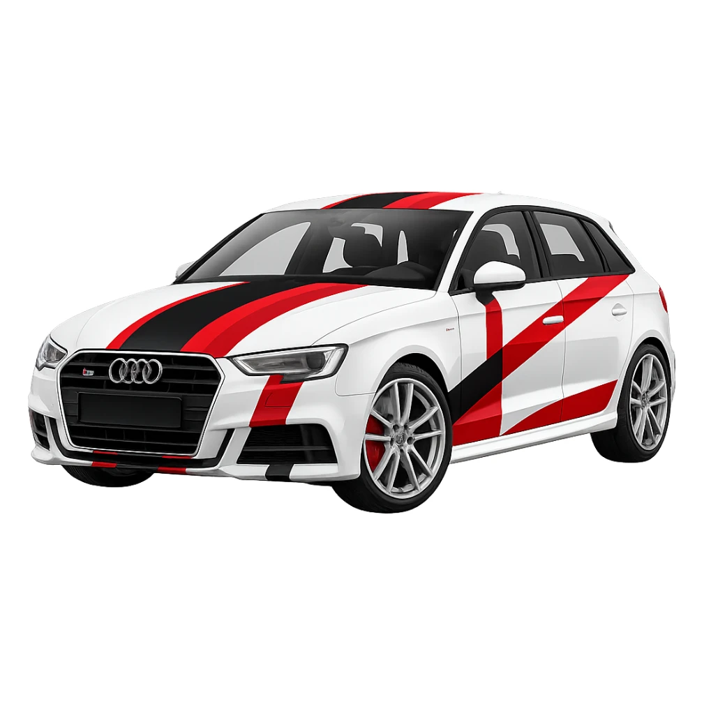 Add bold racing stripes to the white Audi S3 8V. Keep the background transparent. Maintain the car's original style and details. sticker