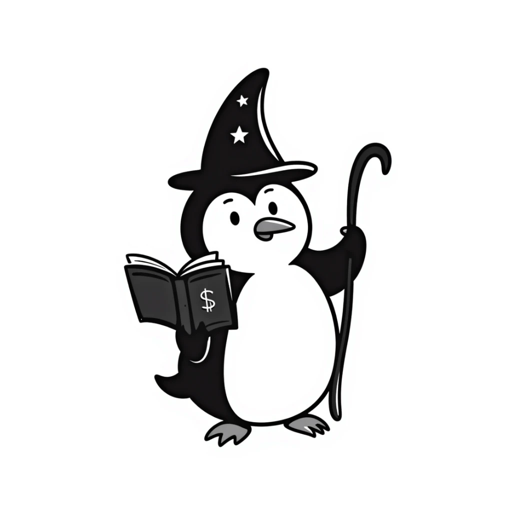 Penguin wizard with pointed hat, magical staff, and spell book sticker