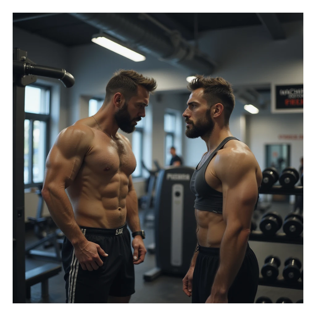 adult man in modern gym, indecisive expression, standing between an isotonic machine and a free weights rack, looking alternately at both options, wearing sportswear, atmosphere of doubt, realistic details, background sign saying 'Macchine isotoniche o pesi liberi?', 4K quality sticker