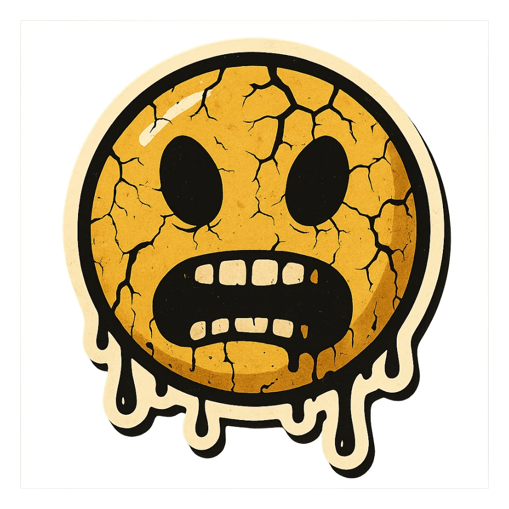 scary emoji with cracks, drips and chips, retro stickers style, sharp black outlines, clear shadows and highlights, no gradients sticker
