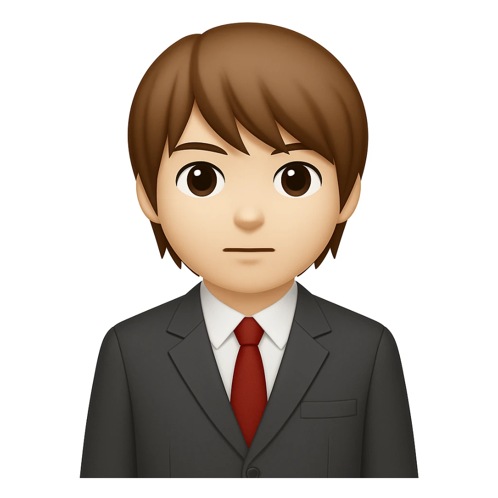 Create an image of Light Yagami from Death Note in apple emoji style. He has brown hair, wears a school uniform, stands with arms at his sides, and has a neutral expression. The style should resemble apple emojis. sticker