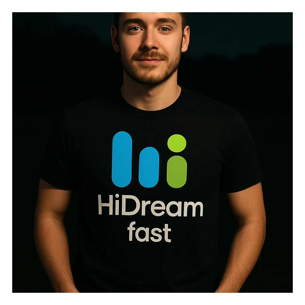 man wearing tshirt with this logo, dark night background with dim , add fast below logo, make man fit into image sticker