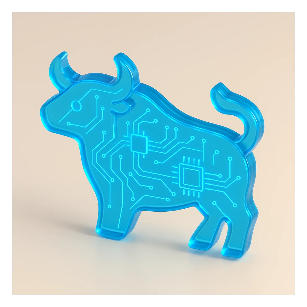 minimalist bull icon, electric blue, integrated circuit lines, glossy circuit style sticker