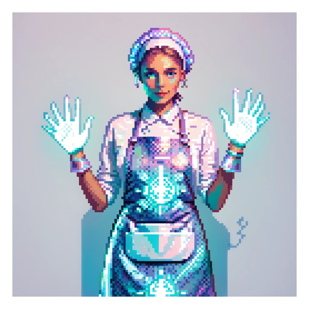 Portrait of a futuristic baker in skeuomorphism style, same pose and lighting as previous levels, wearing a translucent apron with holographic patterns, glowing hologram interface floating around hands, holding a digital whisk made of light beams, subtle neon reflections on face and clothes sticker