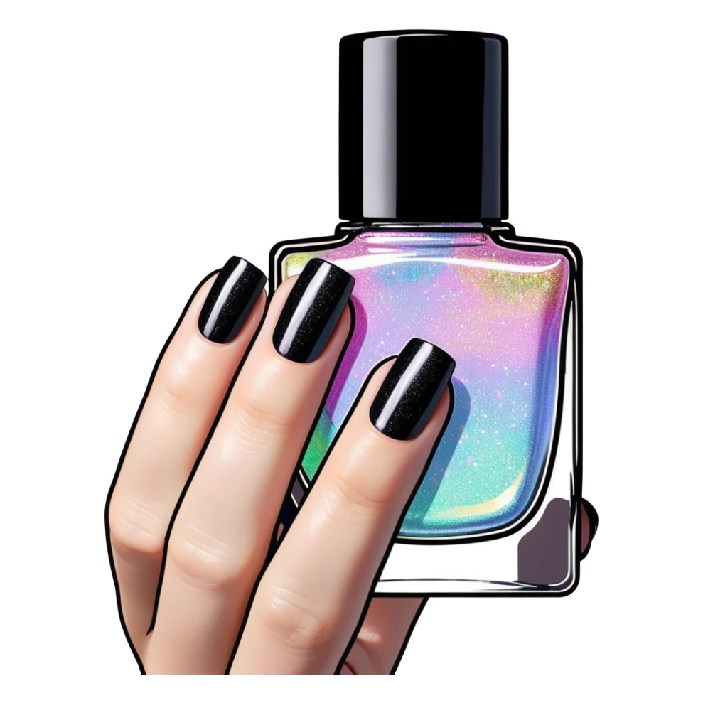 Realistic Holographic rainbow glitter nail polish, translucent bottle, black color top lid sticker