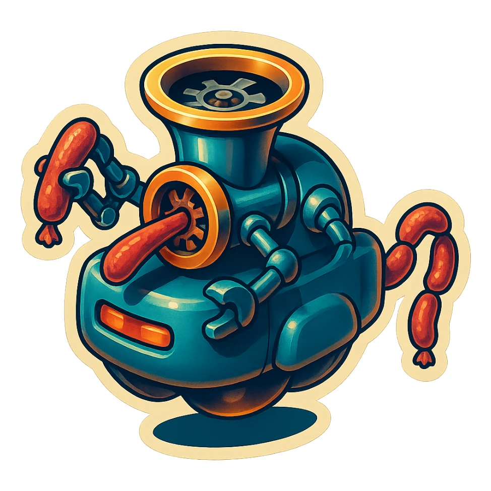 sausage-processing droid. retro-futuristic style. top is a circular industrial meat grinder with rotating gears and blades. Two robotic arms feed material into grinder. Sausage links extrude from the rear like  factory. The body is metallic, compact, and floats above the ground.no legs. Dark humor sticker