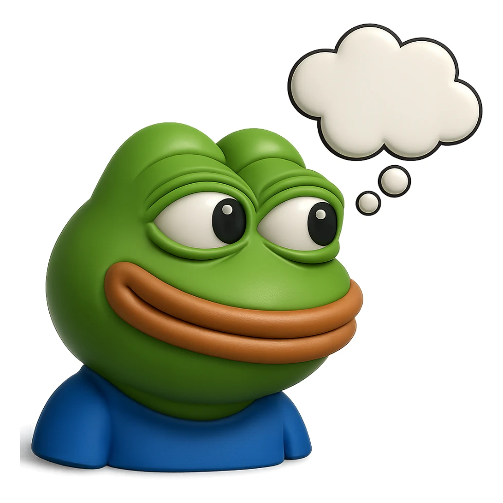 make a pepe in bright green smiling with thought bubble looking at right side in 3d style, good highlights and shadows, drop shadows sticker