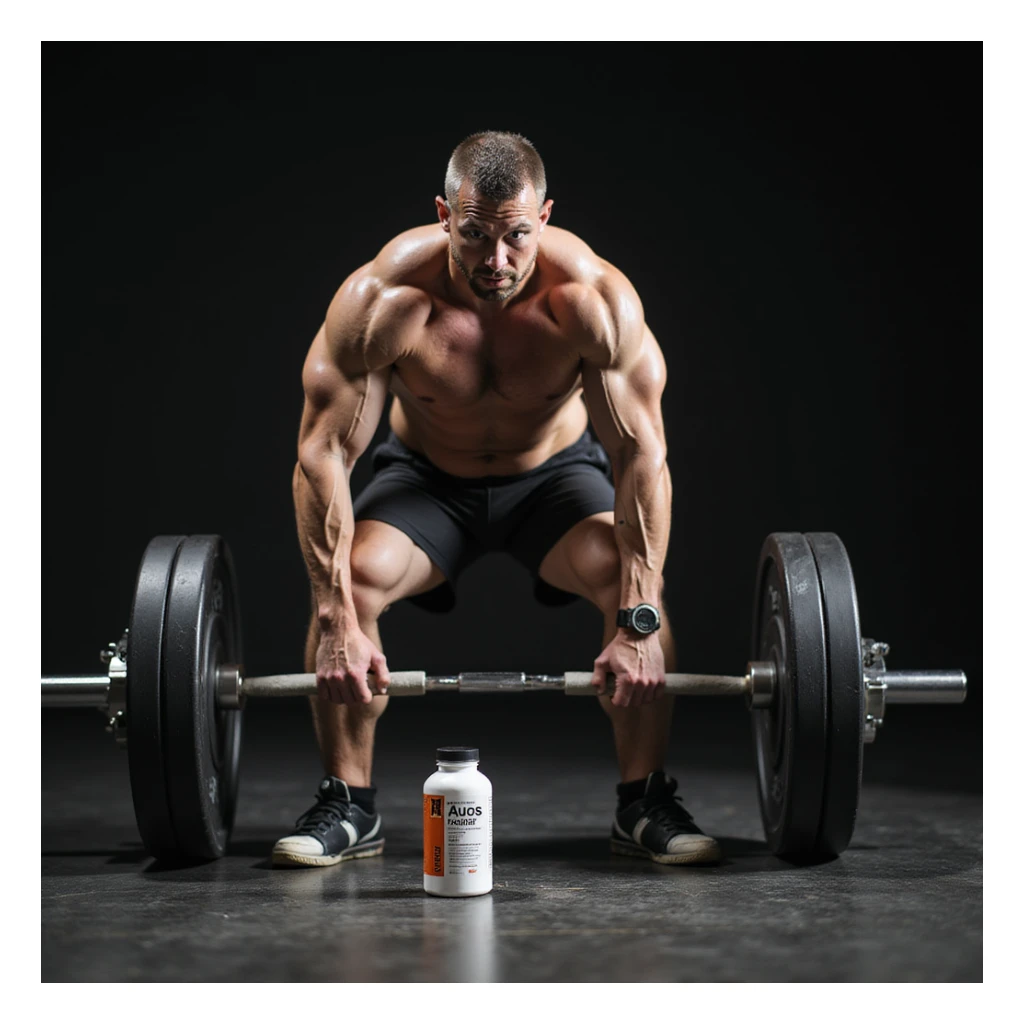 realistic powerlifter in deadlift phase, one hand on barbell and other touching bottle of AAS on ground, tense muscles, atmosphere of doubt, isolated on white background sticker