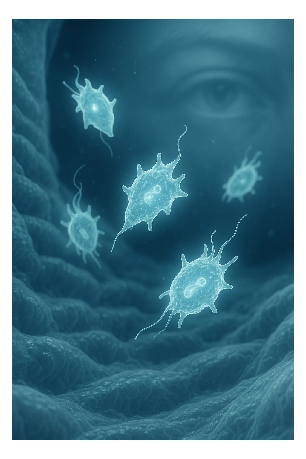 A detailed macro-style image of a translucent human intestinal wall under extreme magnification. Floating nearby are multiple protozoa — small, semi-transparent, shapeshifting organisms with flagella or cilia, glowing faintly under the microscope. In contrast, a faded overlay silhouette of a human eye is shown in the background, symbolizing how these organisms are invisible to unaided vision. The scene is softly lit with cool bluish tones, evoking a clinical and microscopic atmosphere. Focus is hyper-sharp on the protozoa, with blurred organic tissue textures in the background. Educational yet haunting, it shows how much remains unseen inside the body sticker