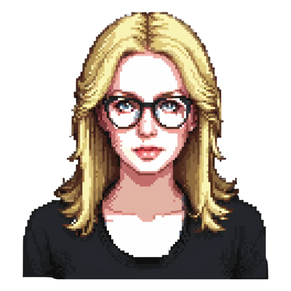 strict and fair senior category math teacher, blonde woman with glasses sticker