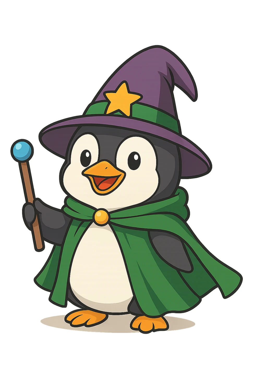 A penguin wizard with a pointy hat and a magic wand and a green cape with no background sticker
