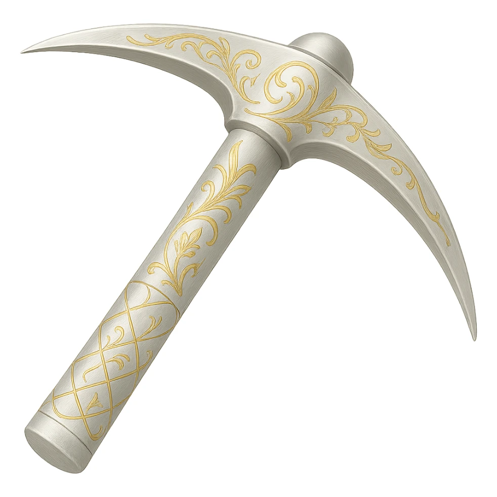 Recolor this weapon to a very light metallic silver color with subtle, elegant gold engravings, matching the gold tone and style of the provided silver shield reference. The gold should be soft and not too yellow or green. Transparent background. sticker