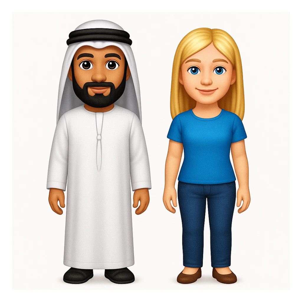Сгенерируй мне в стиле детализированного емодзи пару, где мужчина с черной бородой и в арабском одеянии и чуть со смуглой кожей, а девушка чистая славянка, блондинка. В ПОЛНЫЙ РОСТ ОНИ И НЕ КАСАЮТСЯ КРАЕВ ИЗОБРАЖЕНИЯ sticker
