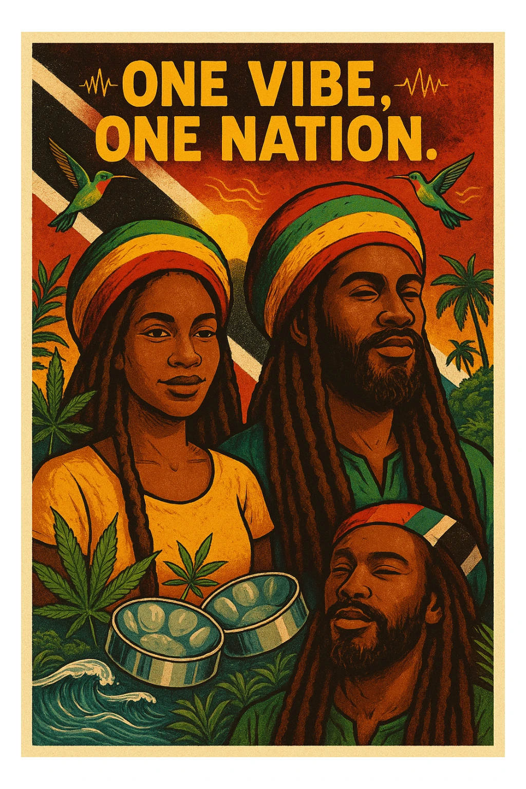 Create a vibrant digital illustration in vintage poster style featuring a proud Trinidadian Rasta man and woman with long dreadlocks and a bold red, gold, and green tam. The background should incorporate the Trinidad and Tobago flag in a stylized, textured way — using deep red, black, and white tones that blend with tropical elements. Surround the figure with iconic cultural symbols like steelpan drums, ganja leaves, and hummingbirds in flight. Add warm Caribbean sunlight, ocean waves, and lush greenery to enhance the island energy. The Rasta man should radiate peace, power, and island wisdom — with bold facial features, calm expression, and a sense of spiritual presence. The overall tone should be rootsy, regal, and rich with island soul — merging reggae culture with Trinidadian pride. Optional accents: subtle soca rhythm lines in the background or a quote like “One Vibe, One Nation.” sticker