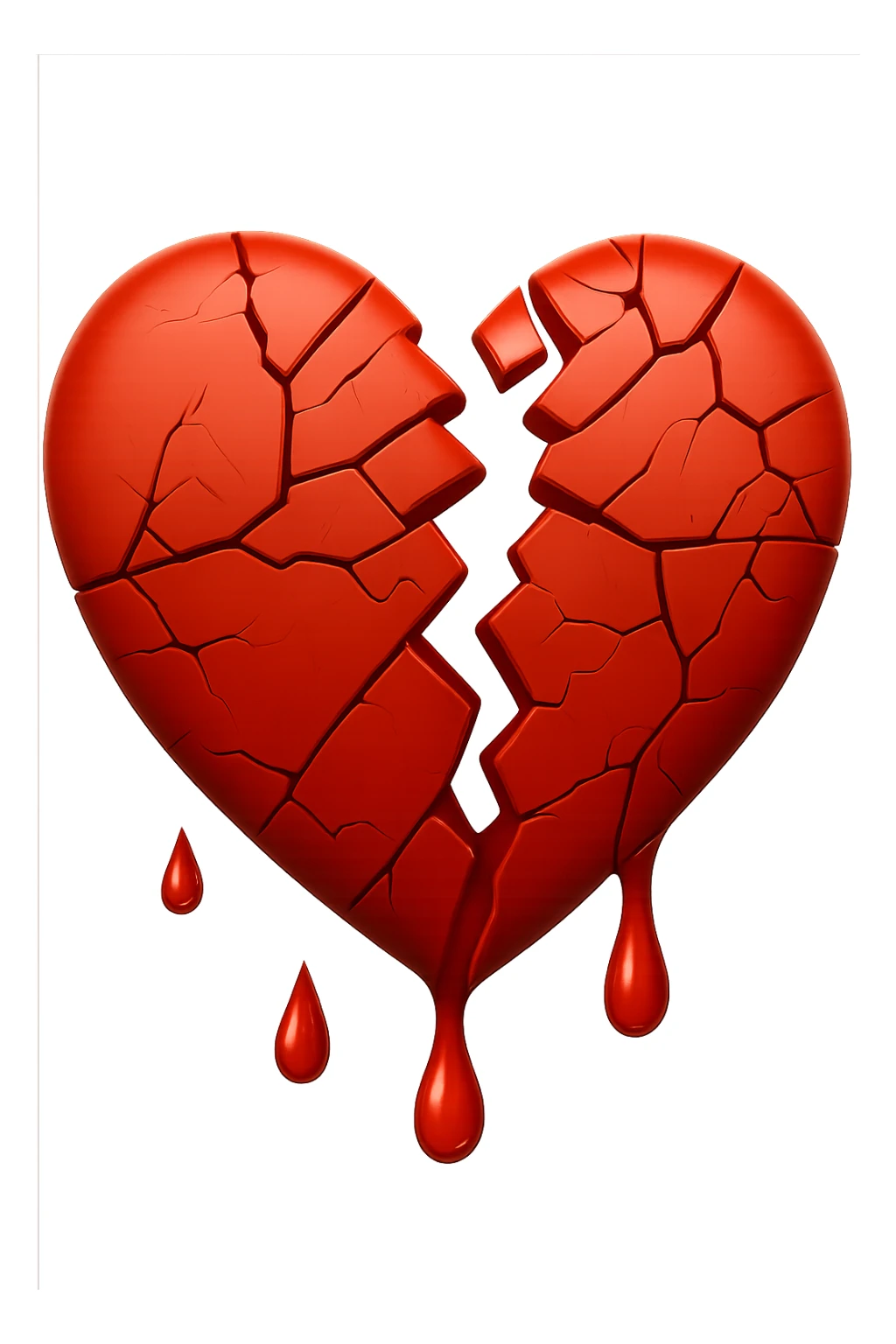 A cracked heart emoji, with visible lines and fractures running through it, symbolizing a broken heart, dripping blood, in the style of Apple emoji. sticker